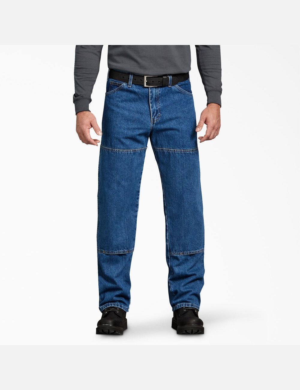 Stonewashed Indigo Blue Dickies Relaxed Fit Double Knee Denim Jeans | 793TBGZPN