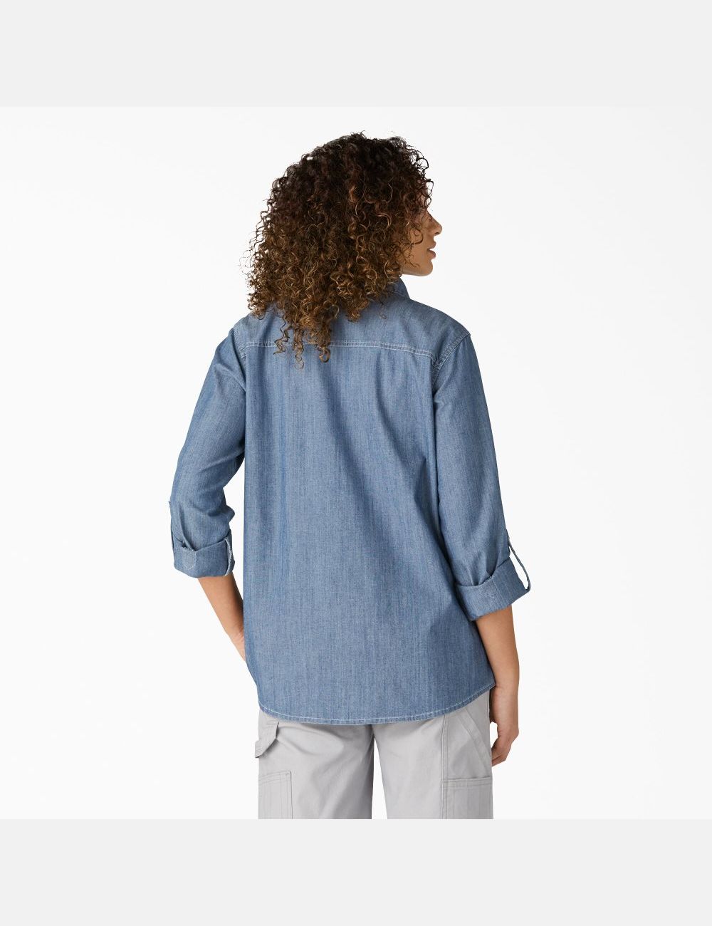 Stonewashed Light Blue Dickies Chambray Roll-Tab Work Shirts | 819EUPOZX