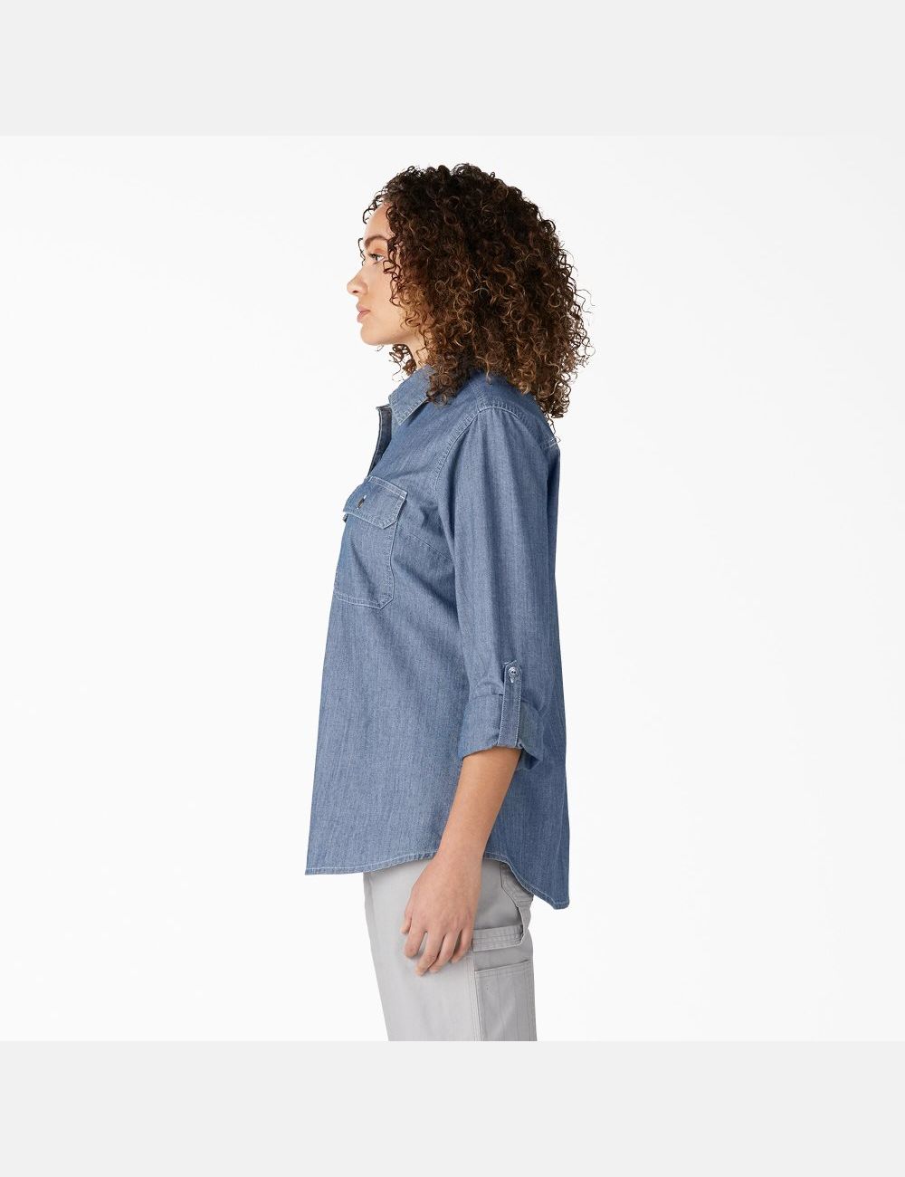 Stonewashed Light Blue Dickies Chambray Roll-Tab Work Shirts | 819EUPOZX