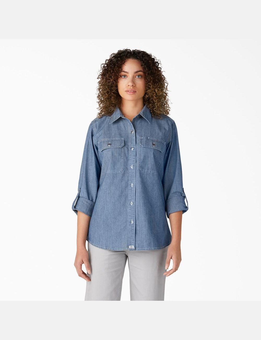 Stonewashed Light Blue Dickies Chambray Roll-Tab Work Shirts | 819EUPOZX