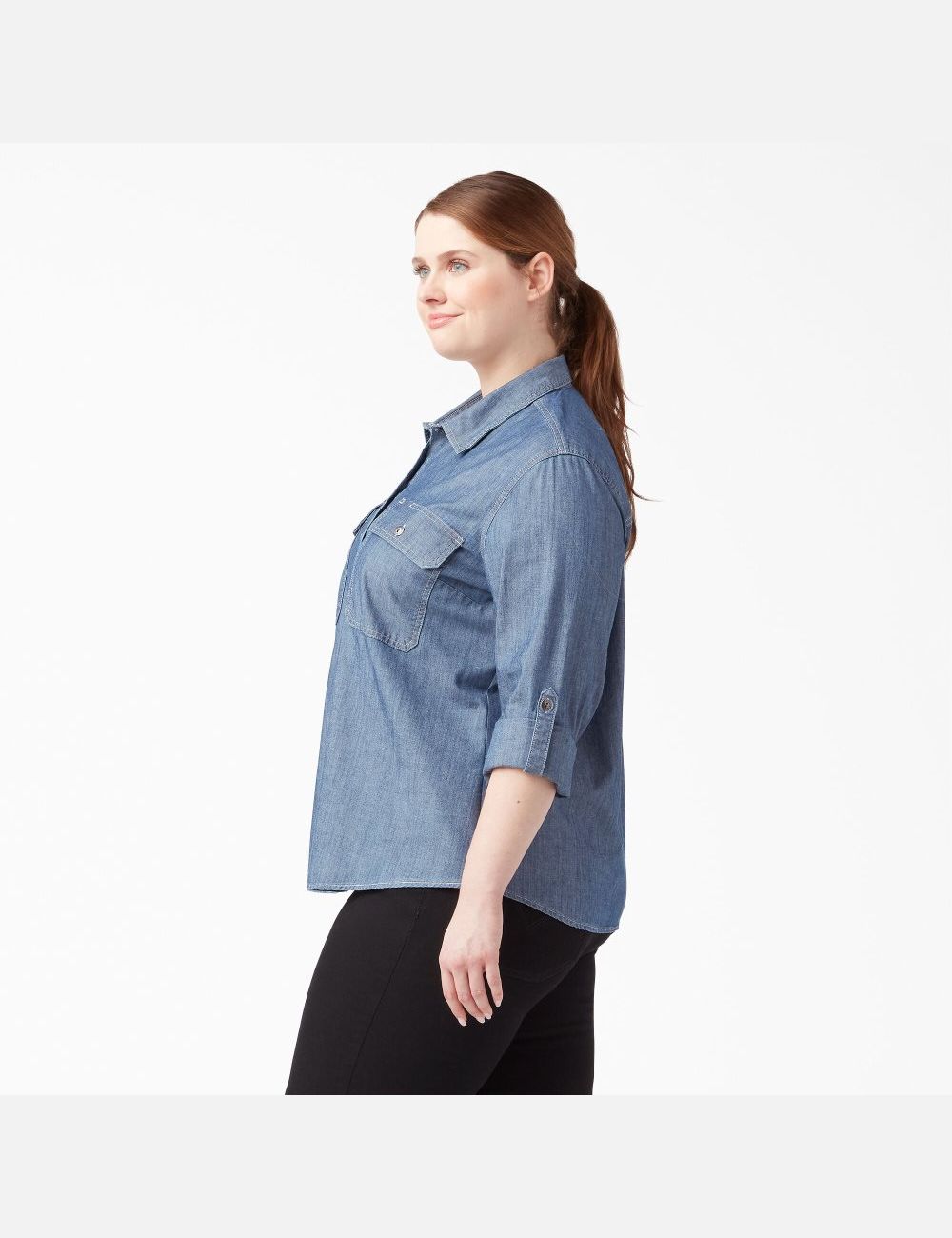 Stonewashed Light Blue Dickies Plus Long Sleeve Chambray Roll-Tab Work Shirt Button Up | 289FASNIW