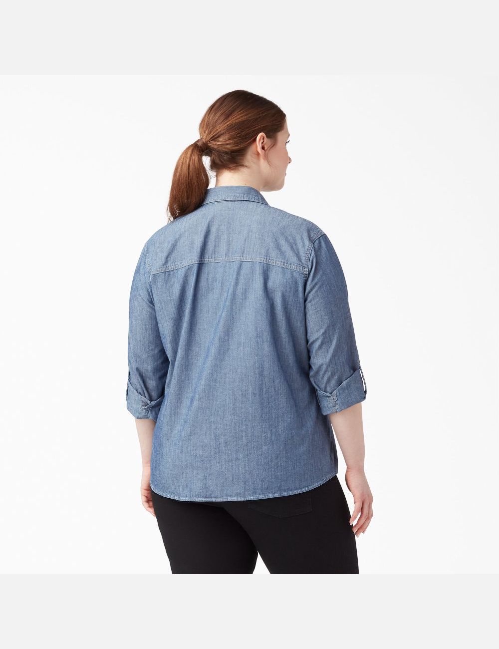 Stonewashed Light Blue Dickies Plus Long Sleeve Chambray Roll-Tab Work Shirt Tops | 724BTQOGS