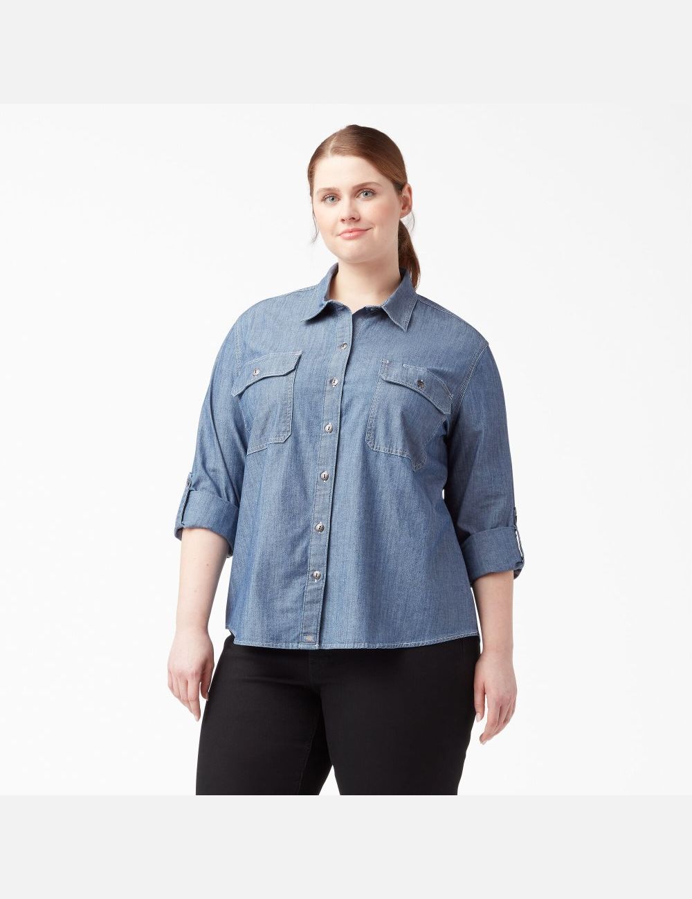 Stonewashed Light Blue Dickies Plus Long Sleeve Chambray Roll-Tab Work Shirt Tops | 724BTQOGS