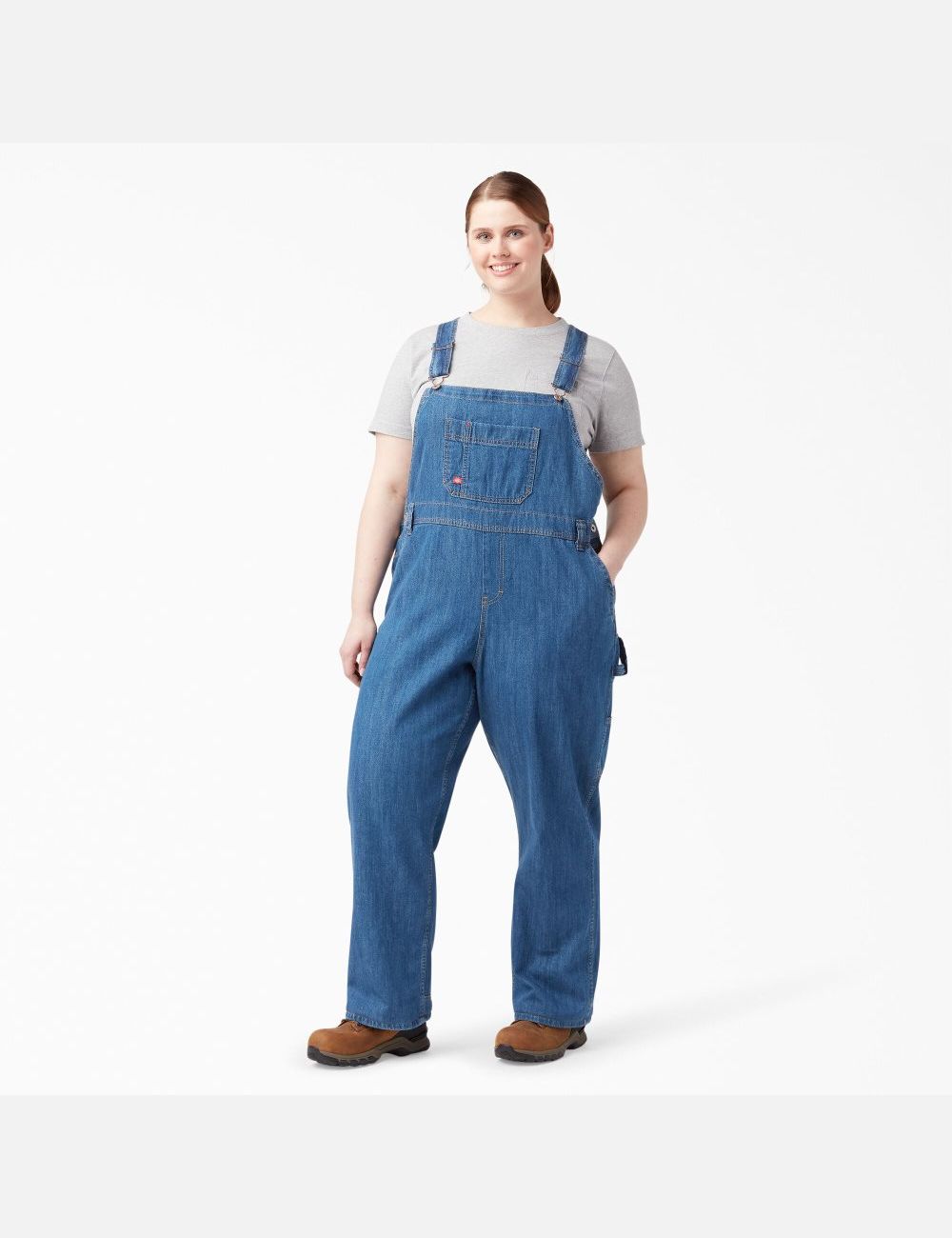 Stonewashed Medium Blue Dickies Plus Relaxed Fit Straight Leg Bib Coveralls & Overalls | 085IXZQFU