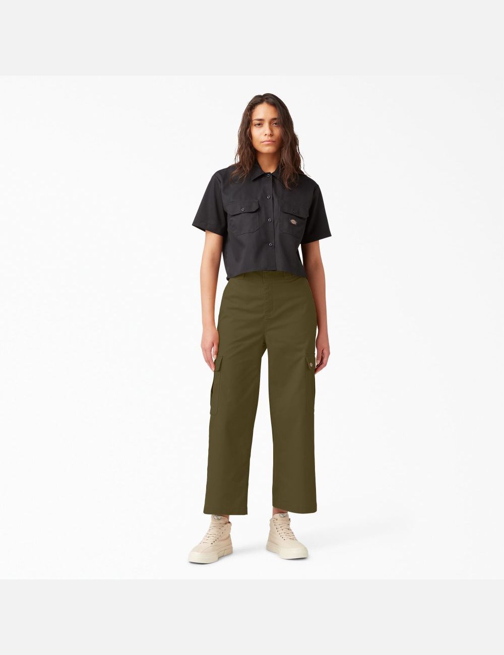 Stonewashed Military Green Dickies Twill Crop Cargo Pants | 702FYSRHW