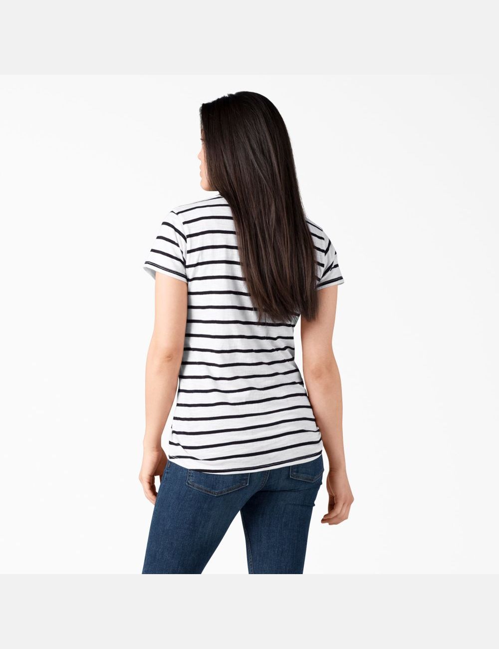 White Black Stripe Dickies Short Sleeve V-Neck T-Shirts | 826TFRNYC