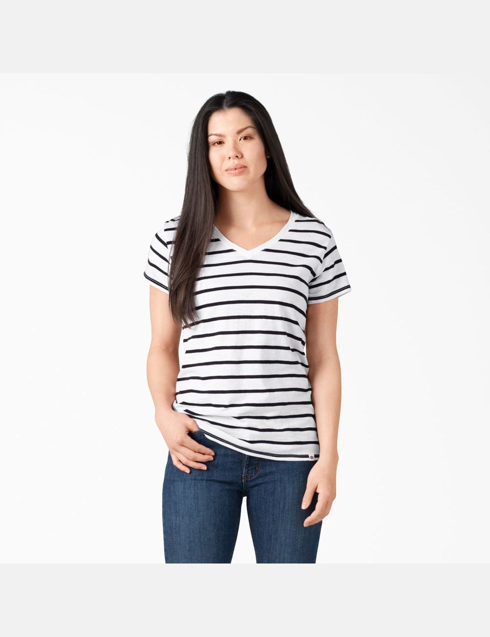 White Black Stripe Dickies Short Sleeve V-Neck T-Shirts | 826TFRNYC