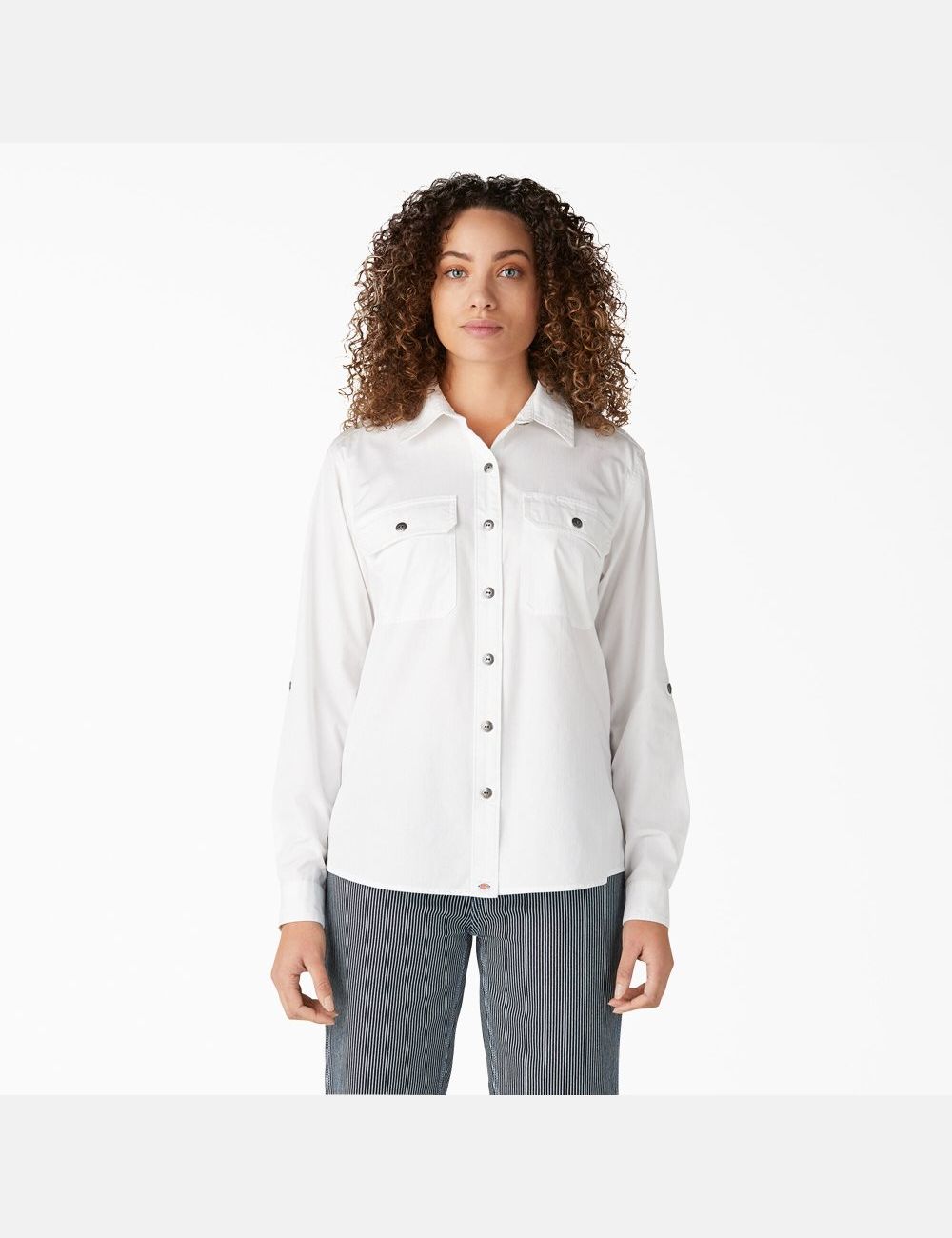 White Dickies Long Sleeve Roll-Tab Work Shirt Button Up | 028ARFMSE