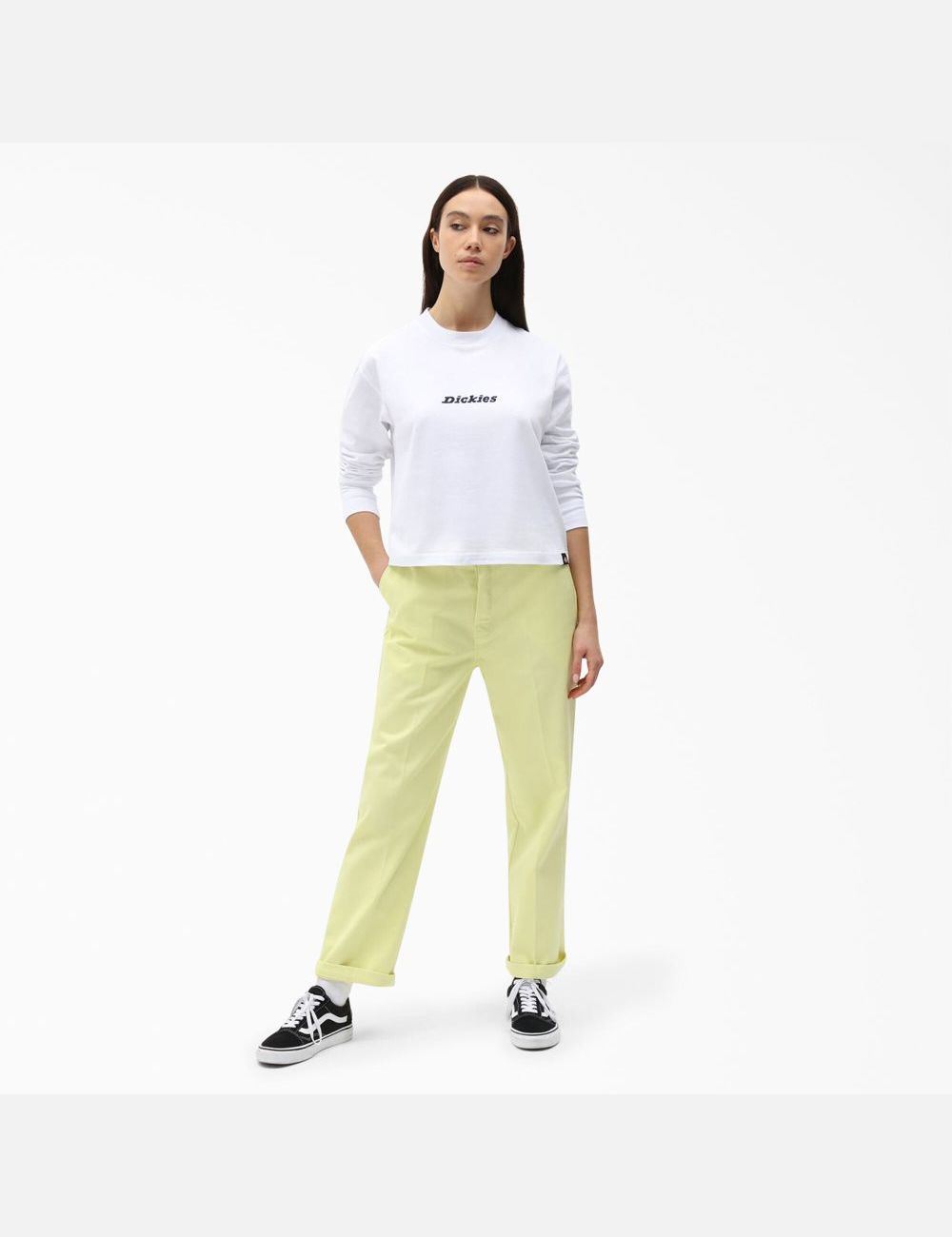 White Dickies Long Sleeve Script Logo T-Shirt Cropped Tops | 321AXSQGU