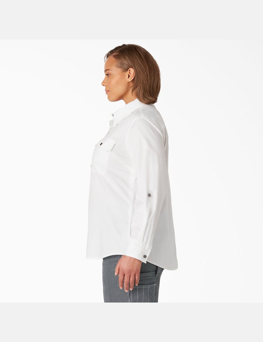 White Dickies Plus Long Sleeve Roll-Tab Work Shirt Button Up | 503UTEKWP