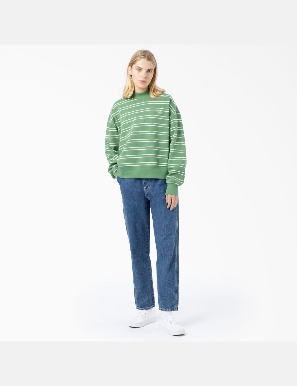 White/Green Stripe Dickies Westover Striped Sweatshirts | 243WTUZBX