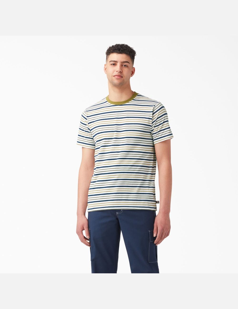 White/Moss Stripe Dickies Skateboarding Striped T-Shirts | 609RZQVWD