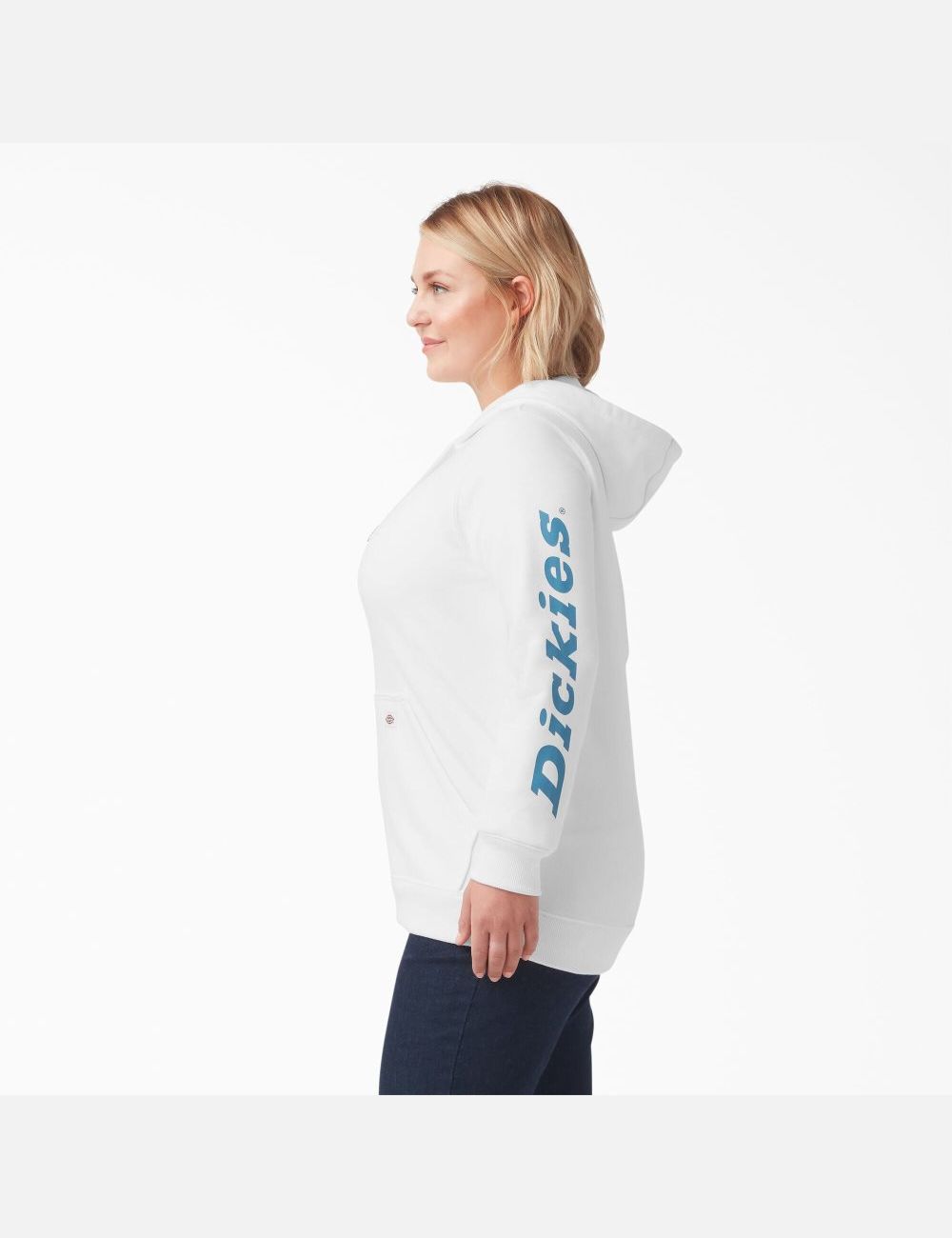 White/Vallarta Blue Dickies Plus Heavyweight Logo Sleeve Hoodies | 394IZDMRC