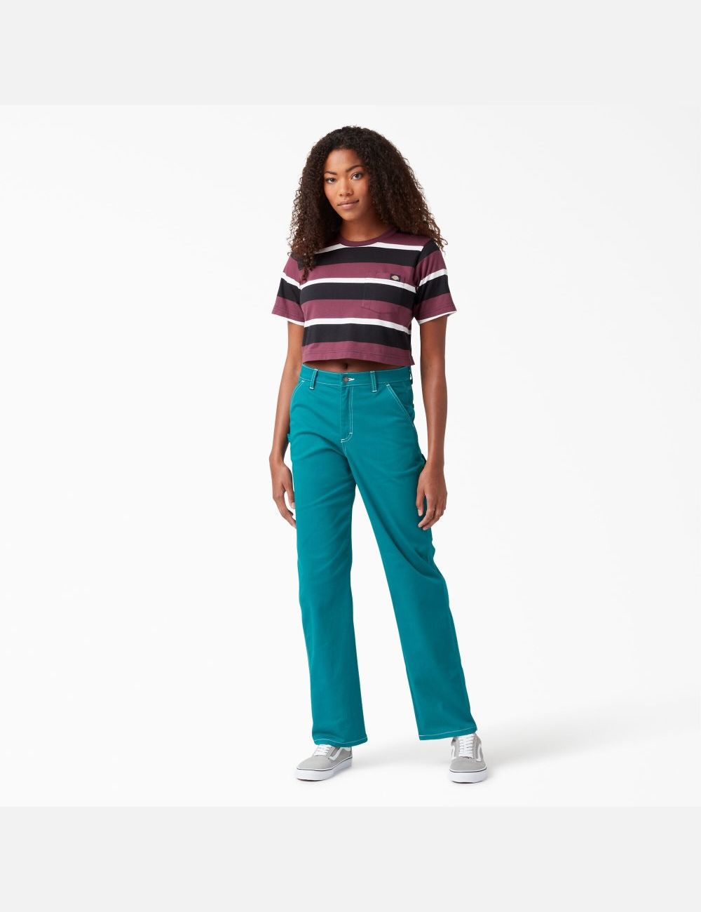 Wine Collegiate Stripe Dickies Striped T-Shirt Cropped Tops | 573CUSOWZ